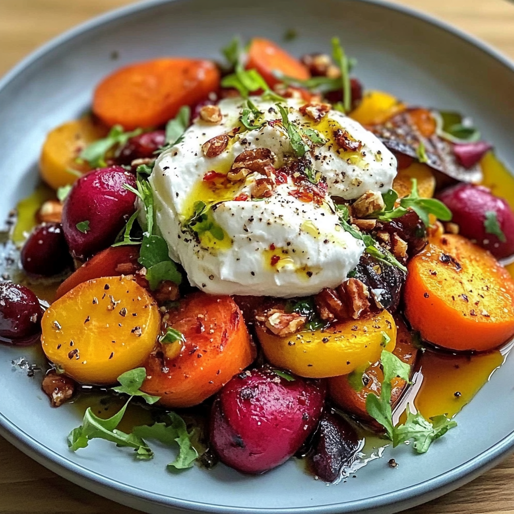 Salade de betteraves et carottes rôties à la burrata