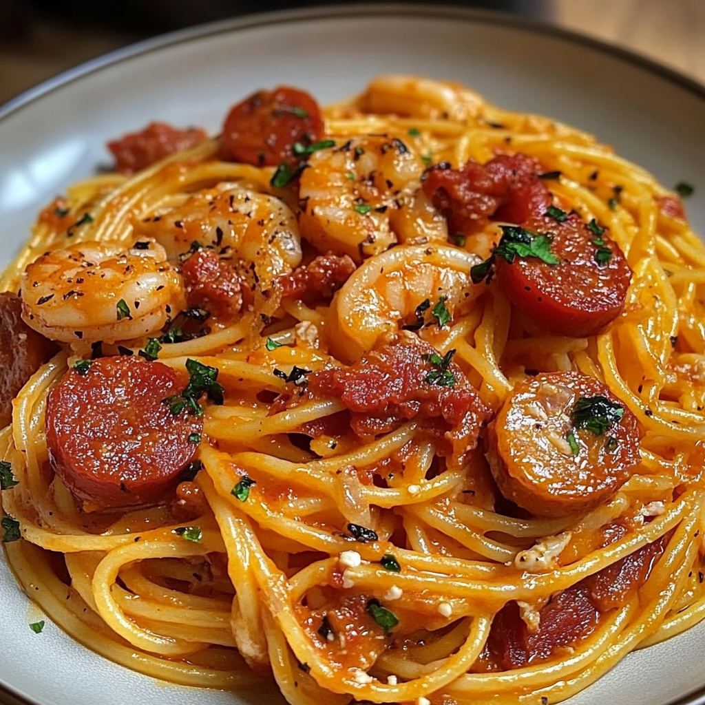 Spaghetti à la crème de poivron, chorizo et crevettes