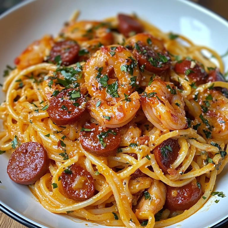 Spaghetti à la crème de poivron, chorizo et crevettes