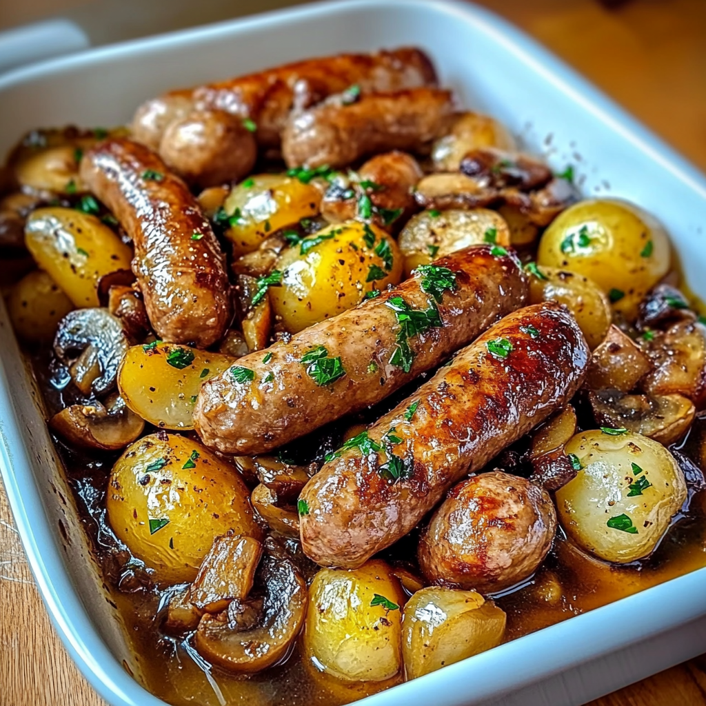 Saucisses, Champignons et Pommes de Terre au Four