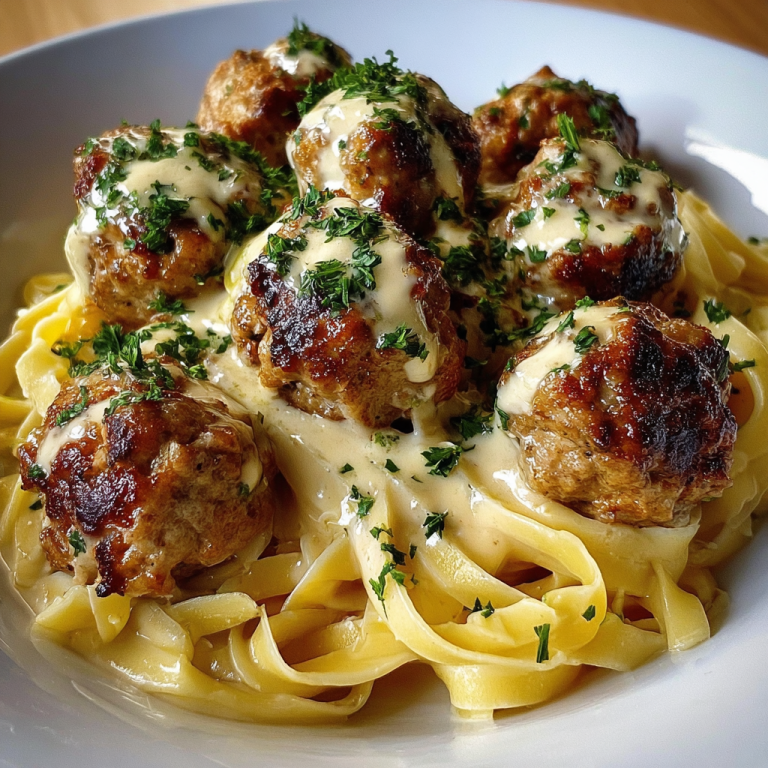Garlic Butter Meatballs served over creamy Parmesan linguine
