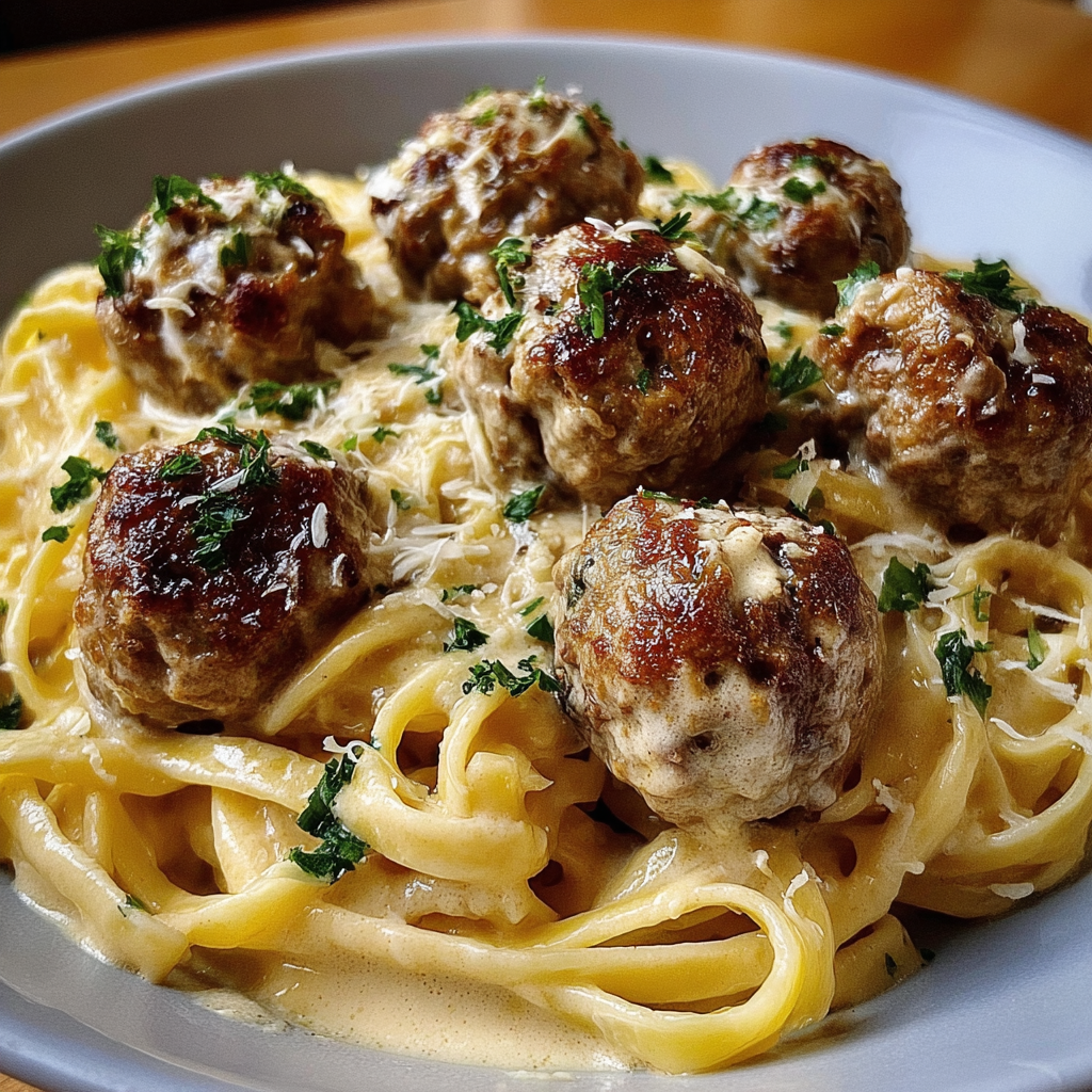 Garlic Butter Meatballs served over creamy Parmesan linguine