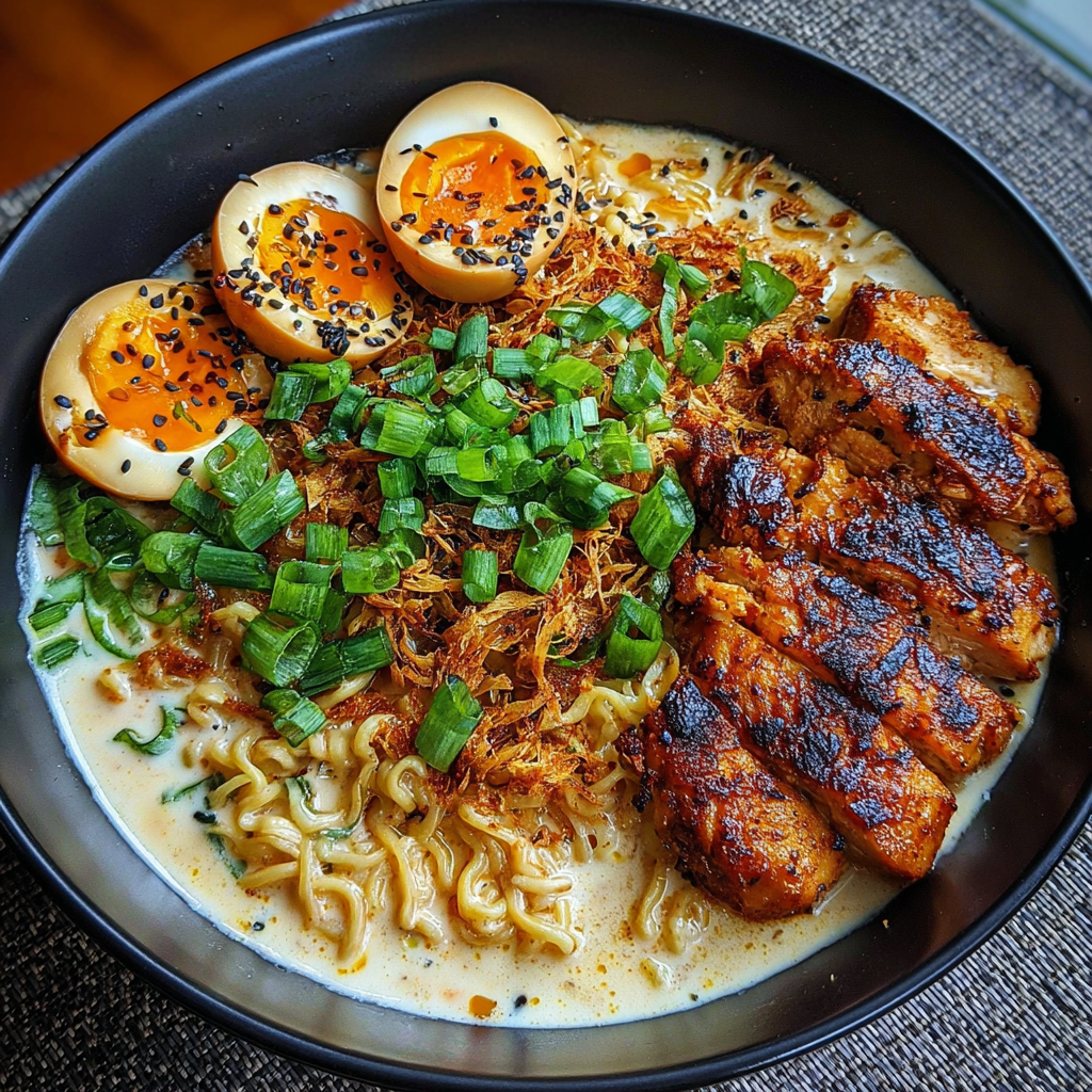 Fiery Chicken Ramen with Creamy Garlic Sauce