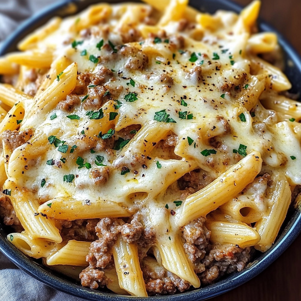 Cheesy Penne with Garlic Butter Ground Beef
