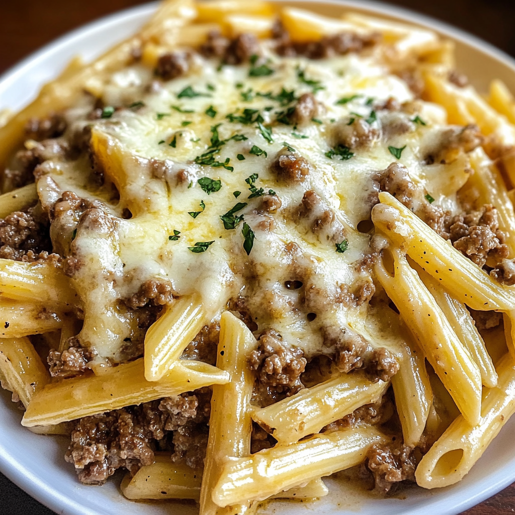 Cheesy Penne with Garlic Butter Ground Beef