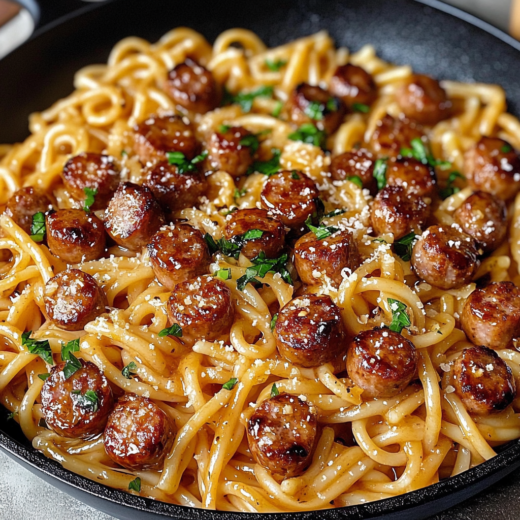 Sticky Honey Garlic Sausage Pasta Skillet