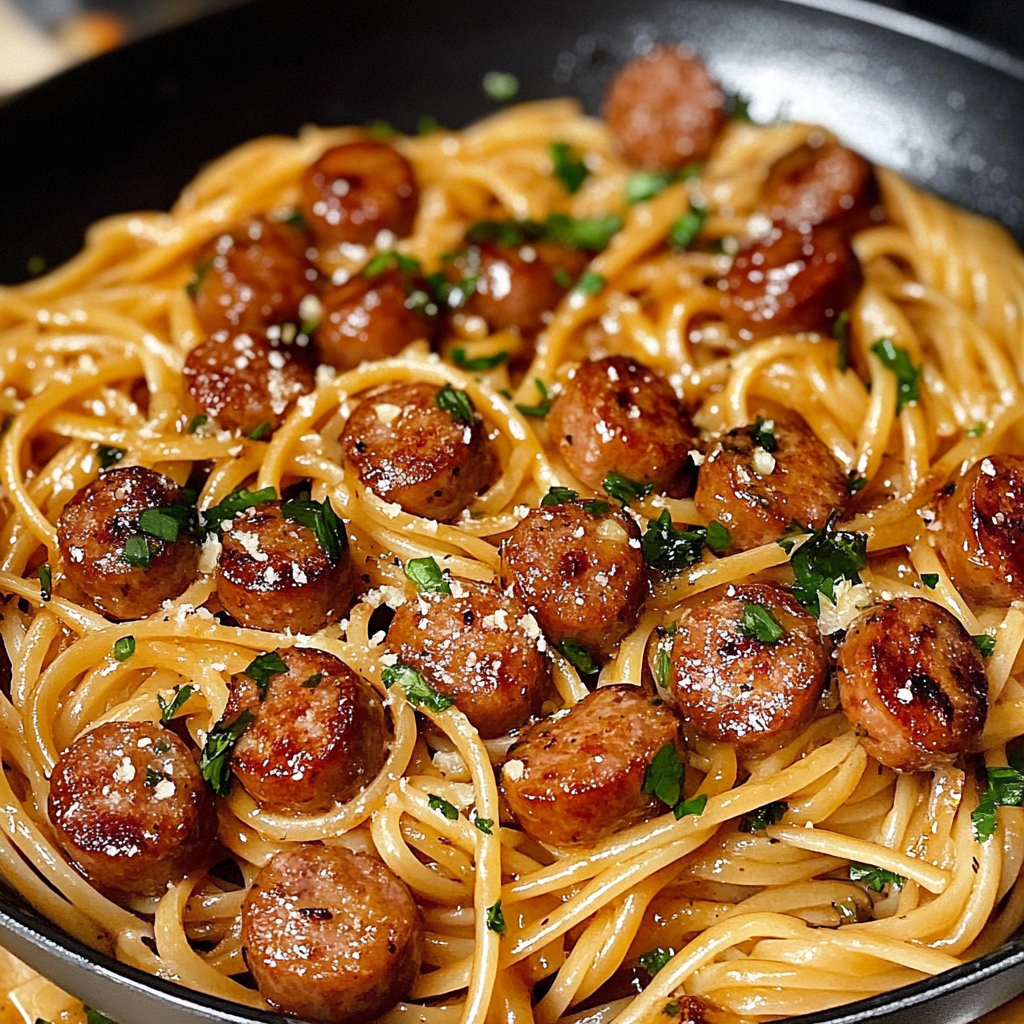 Sticky Honey Garlic Sausage Pasta Skillet