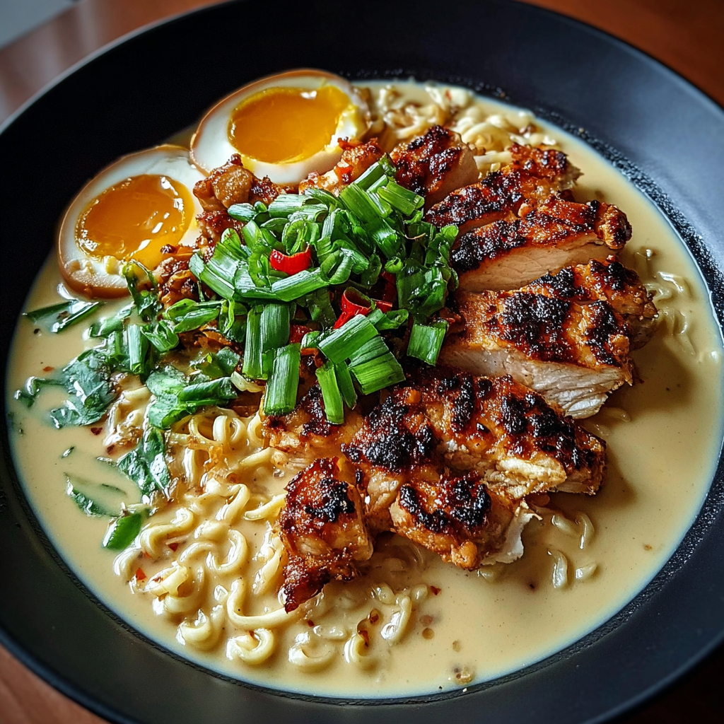 Fiery Chicken Ramen with Creamy Garlic Sauce