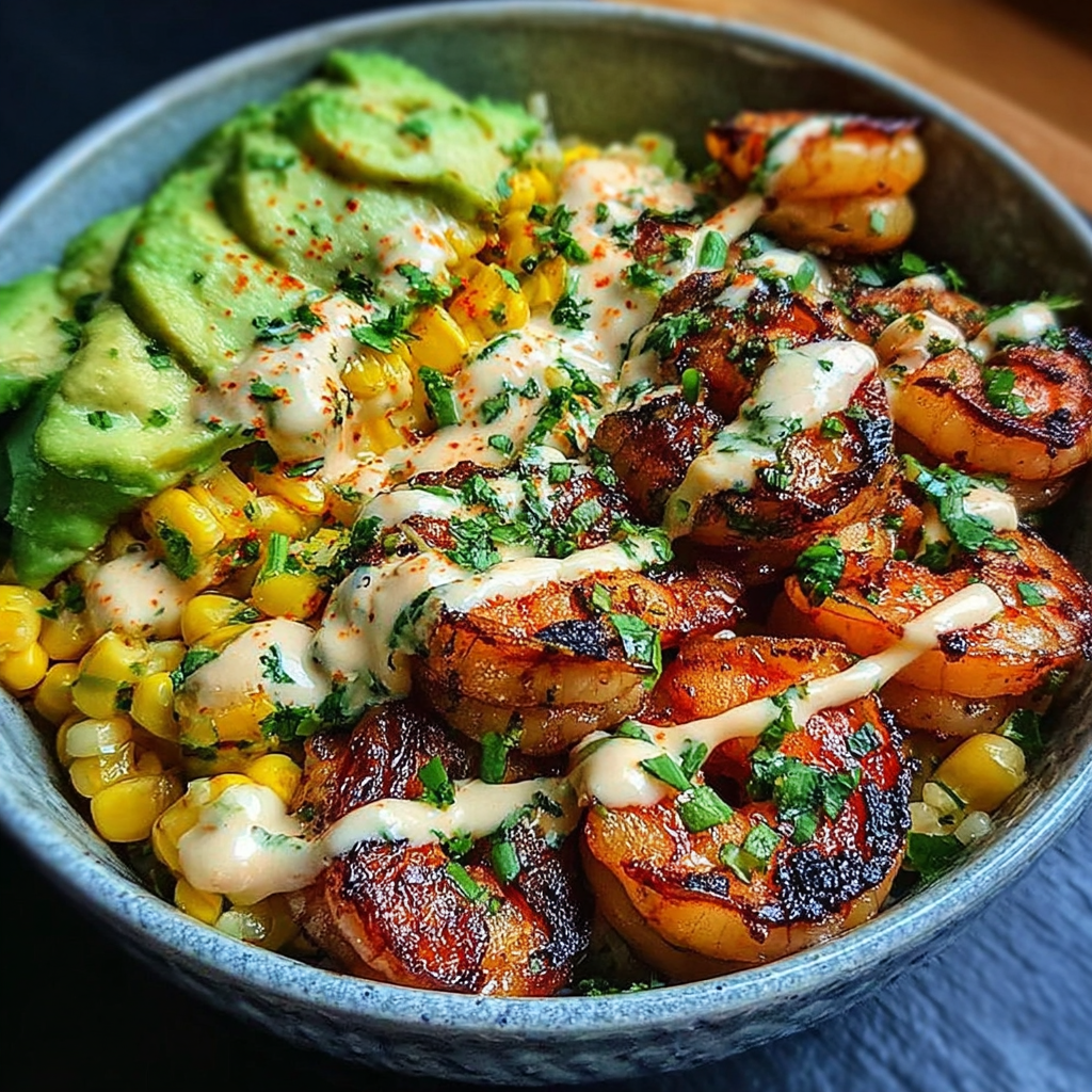 Grilled Shrimp Bowl with Avocado, Corn Salsa & Creamy Sauce