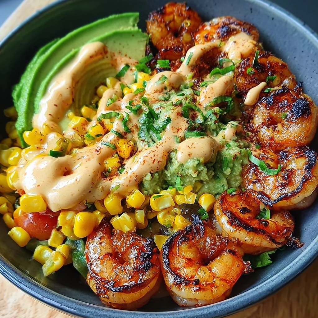 Grilled Shrimp Bowl with Avocado, Corn Salsa & Creamy Sauce