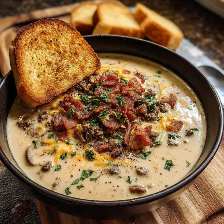 One-Pot Philly Cheesesteak Soup with Bacon and Cheesy Toast