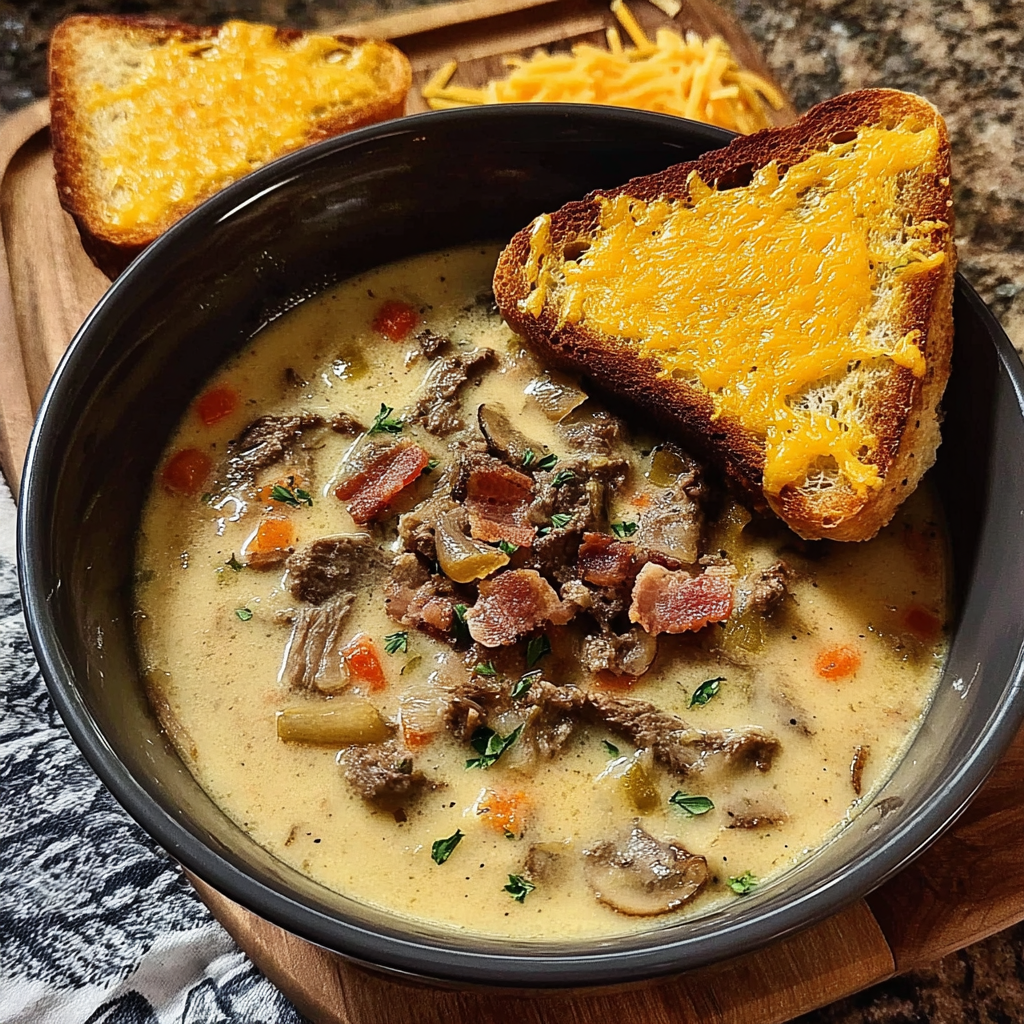 One-Pot Philly Cheesesteak Soup with Bacon and Cheesy Toast