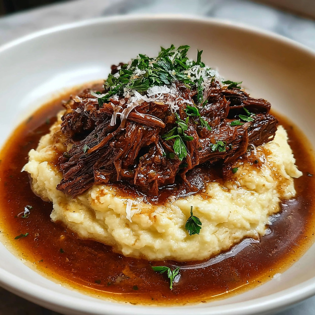 Tender Short Rib Ragu Over Silky Parmesan Mashed Potatoes
