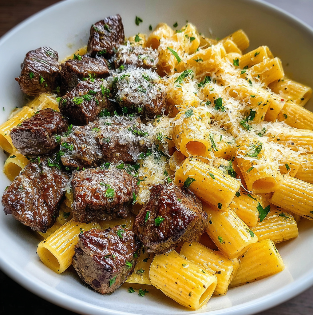 Garlic Butter Steak Tips with Cheesy Rigatoni