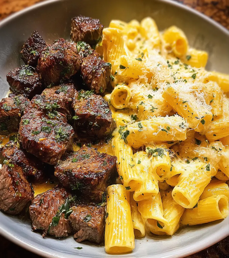 Garlic Butter Steak Tips with Cheesy Rigatoni