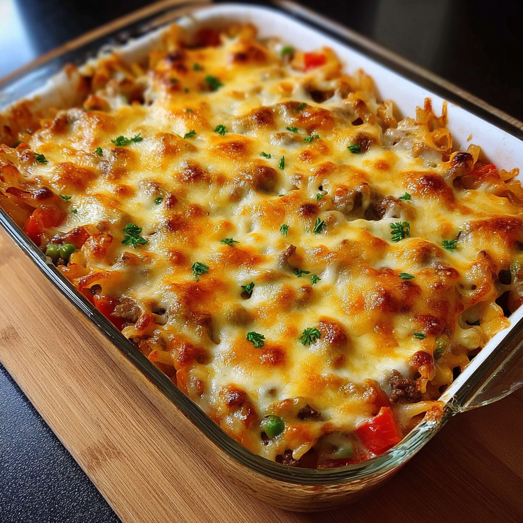 For the Main Casserole:
1 lb (450g) ground beef – lean or 80/20, depending on preference
1 medium onion – diced
2 cloves garlic – minced
2 cups mixed vegetables – fresh or frozen (e.g., carrots, peas, green beans, corn)
2 medium potatoes – thinly sliced or cubed (Yukon Gold or Russet work well)
1 cup shredded cheddar cheese – plus more for topping
½ cup sour cream – or substitute with Greek yogurt for a lighter option
½ cup cottage cheese – optional, adds creaminess
1 can (10.5 oz / 295g) condensed cream of mushroom soup – or cream of tomato/chicken as a variation
½ tsp salt
½ tsp black pepper
½ tsp smoked paprika – optional, for flavor depth
½ tsp dried thyme or Italian seasoning
1 tbsp olive oil or butter – for sautéing
Optional Add-ins or Variations:
1 cup cooked pasta or egg noodles – for a layered pasta-bake version
1 cup cooked rice or cauliflower rice – for low-carb swaps
1 tsp taco seasoning – for Tex-Mex variation
½ cup marinara sauce – for Italian variation
½ cup black beans or corn – adds texture and protein
1 egg – helps bind mixture if desired
½ cup shredded mozzarella or pepper jack cheese – for added cheese variety