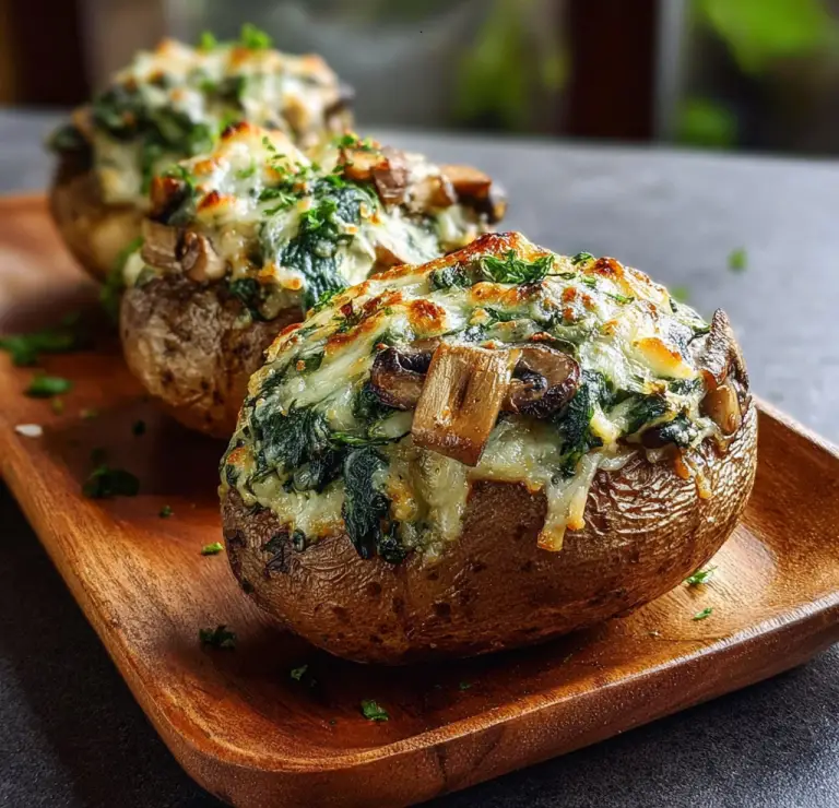 Mushroom Stuffed Potatoes with Spinach & Cheese