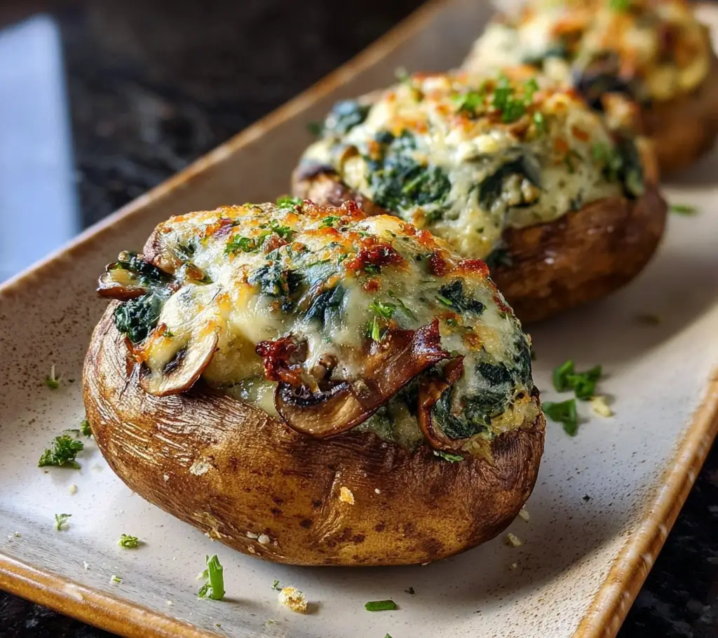 Mushroom Stuffed Potatoes with Spinach & Cheese